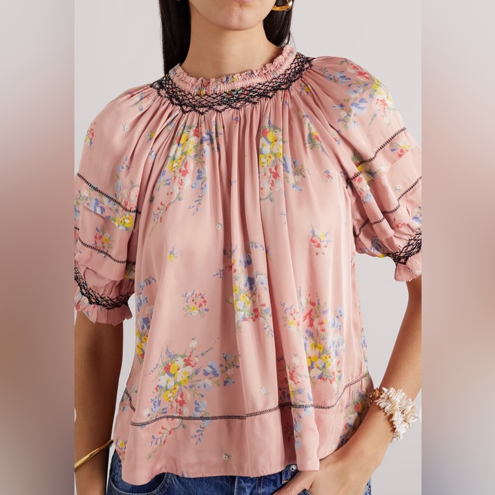 The Great. The Folklore smocked floral-print satin top